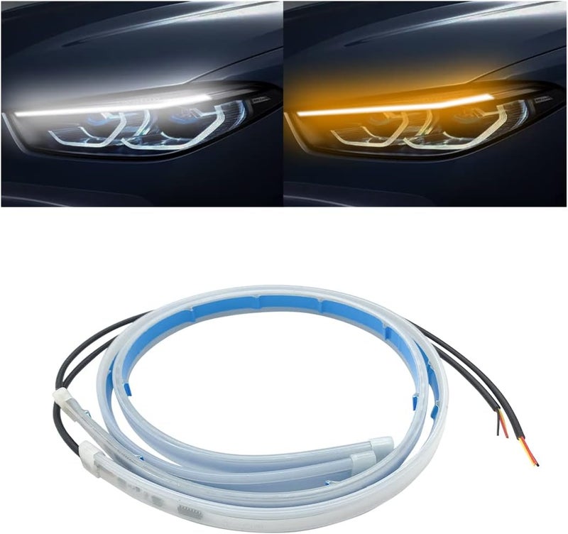 HIPOPY LED Headlight Strip Tube Light, 24 Inch Flexible DRL Daytime Running Light, Waterproof Switchback Sequential Flowing Turn Signal Lamp, Auto Accessories for Most Cars (White/Yellow) - Image 1